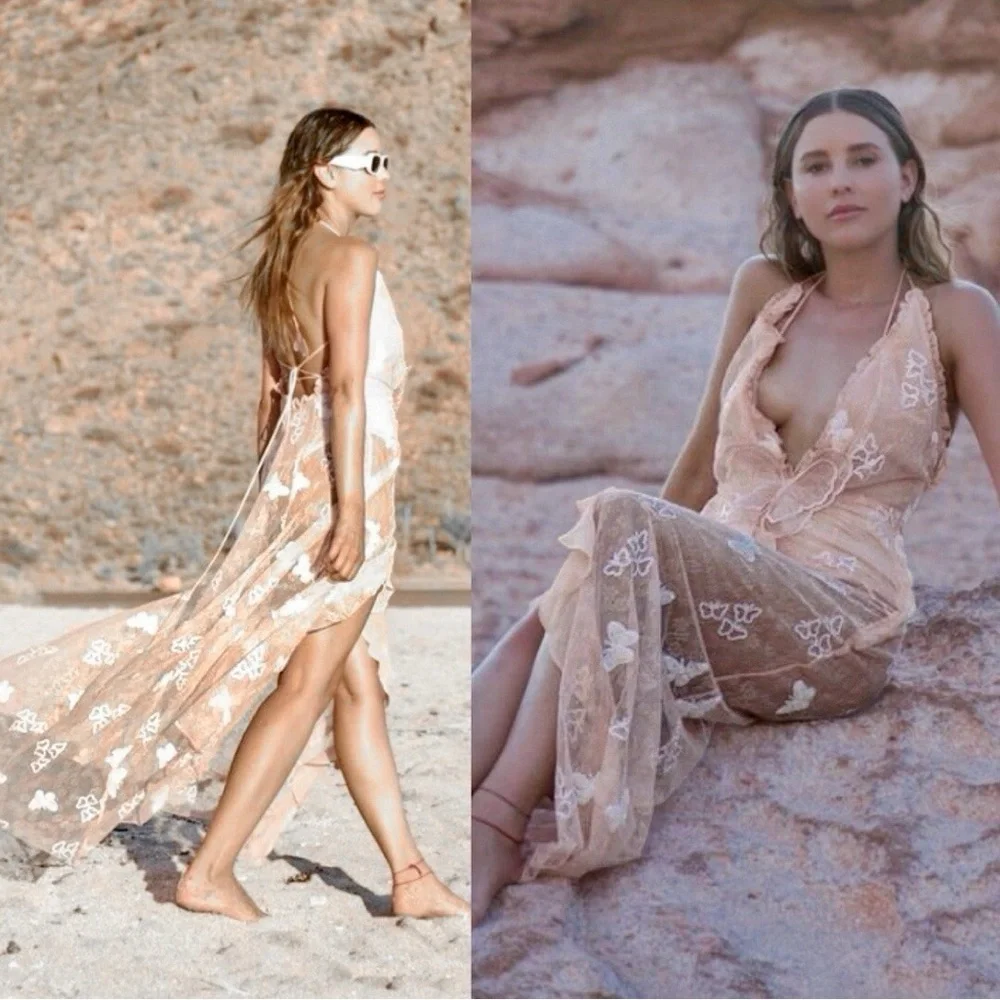 New! For Love & Lemons Beckett Lace Sheer Butterfly Sequin Bodysuit Maxi Dress M - Picture 8 of 16